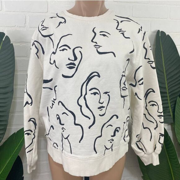 Zara Tops - Zara white printed black drawn faces crewneck sweatshirt